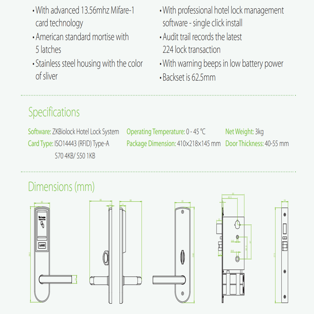 Zkteco Lh3000 - Data Capacity: Audit Trail: Latest 224 Lock Transactions