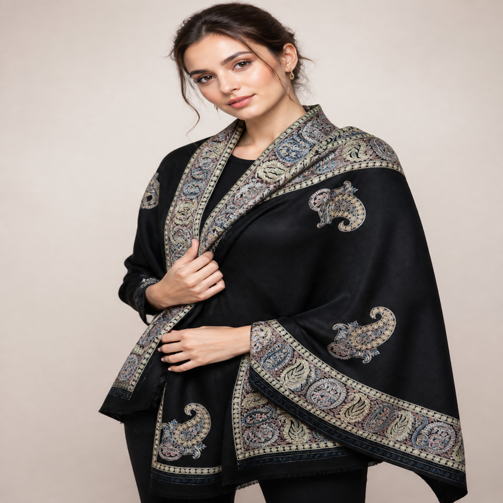 Pure wool fine emboidered corner border stoles
