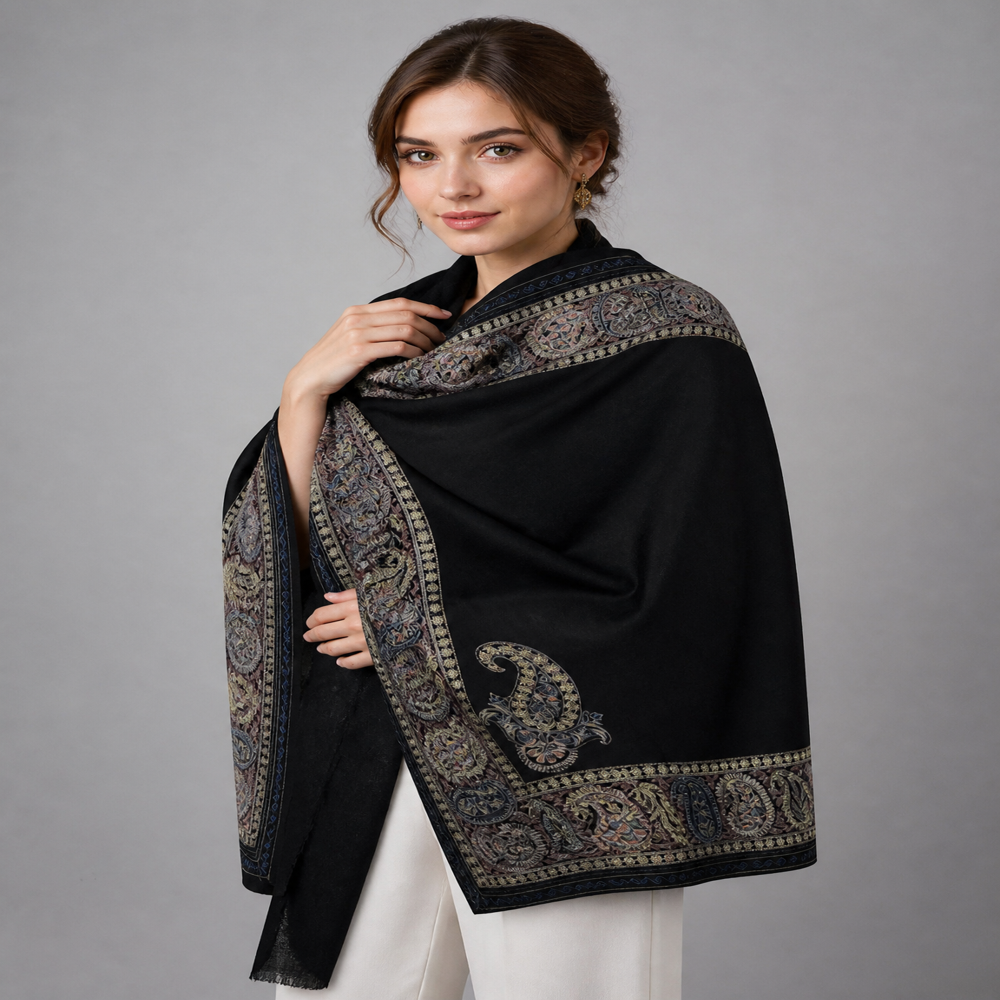 Pure wool fine emboidered corner border stoles