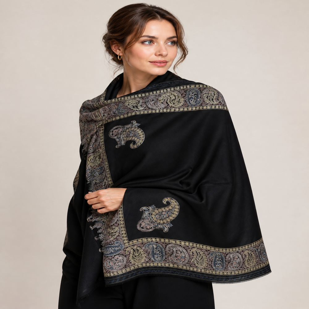 Pure wool fine emboidered corner border stoles