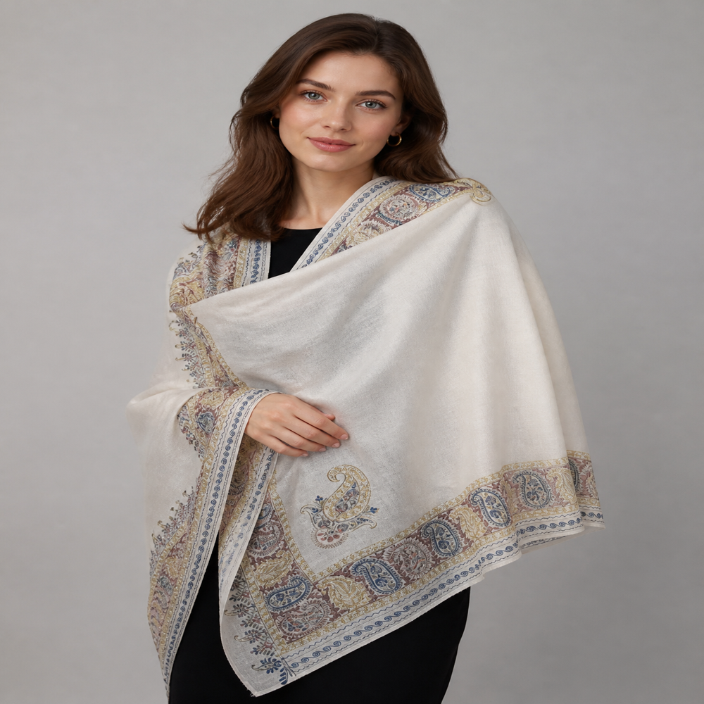 Pure wool fine emboidered corner border stoles