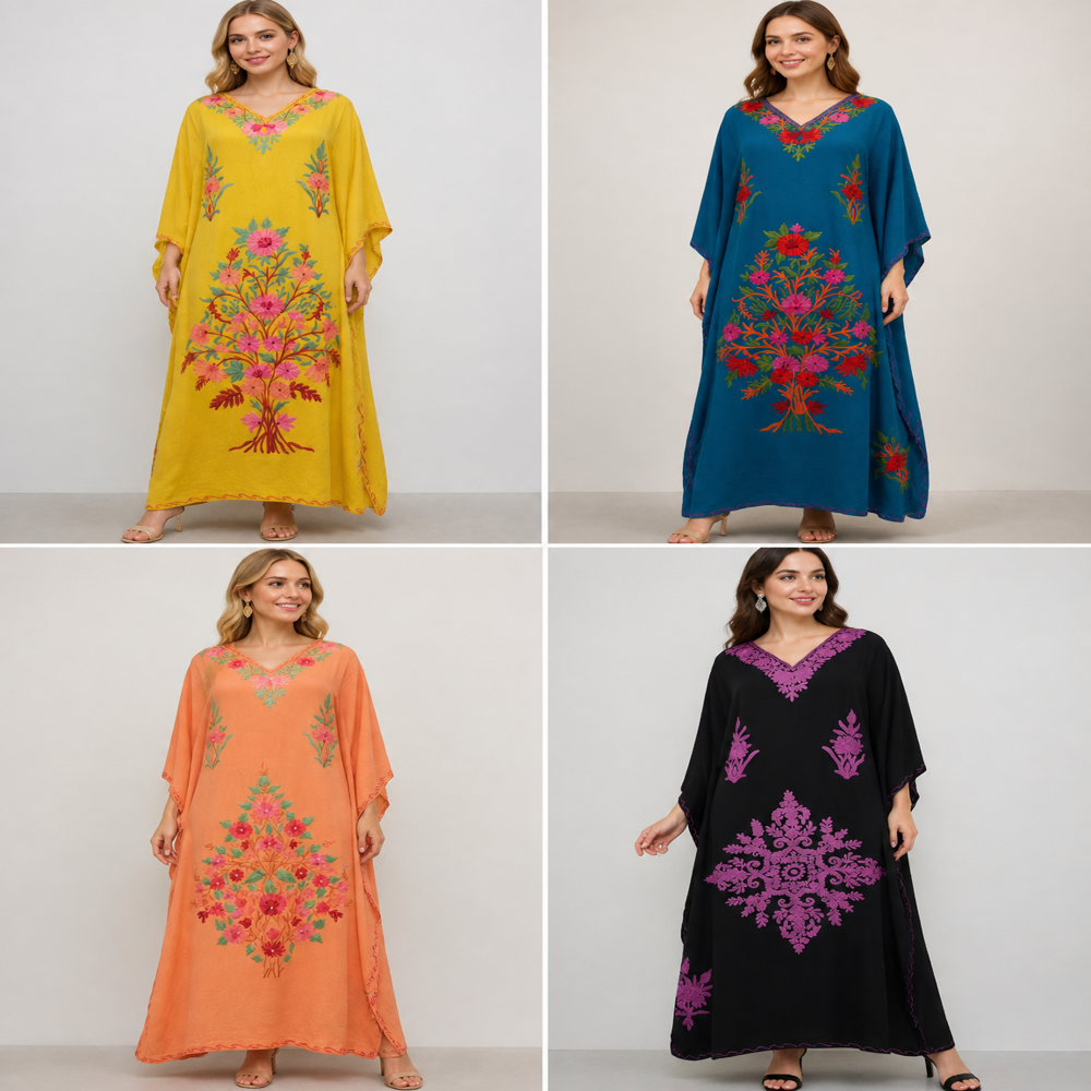 Cotton Crush Kashmiri  Aari work Long Kaftans 