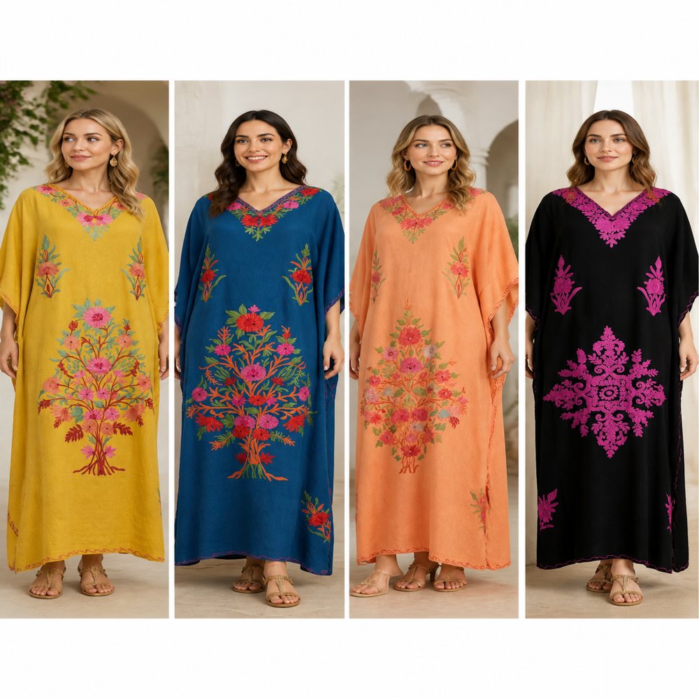 Cotton Crush Kashmiri  Aari work Long Kaftans 