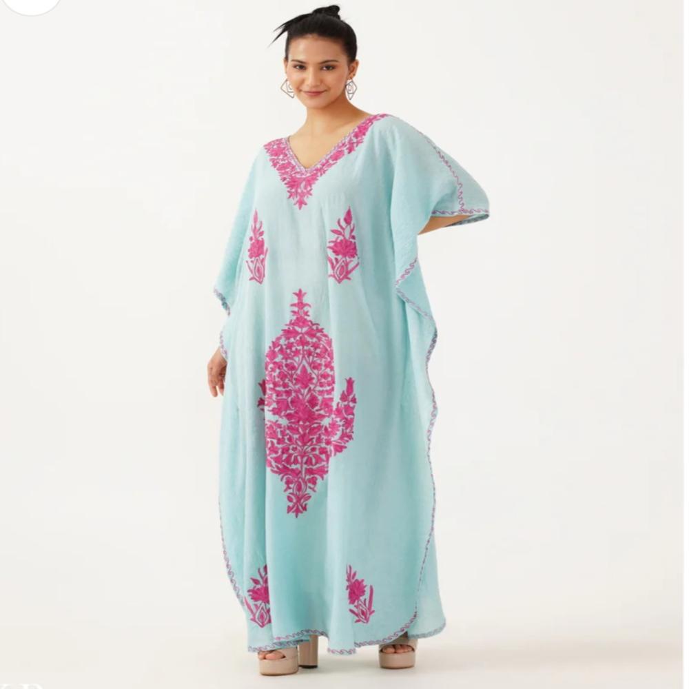 Cotton Crush Kashmiri  Aari work Long Kaftans 