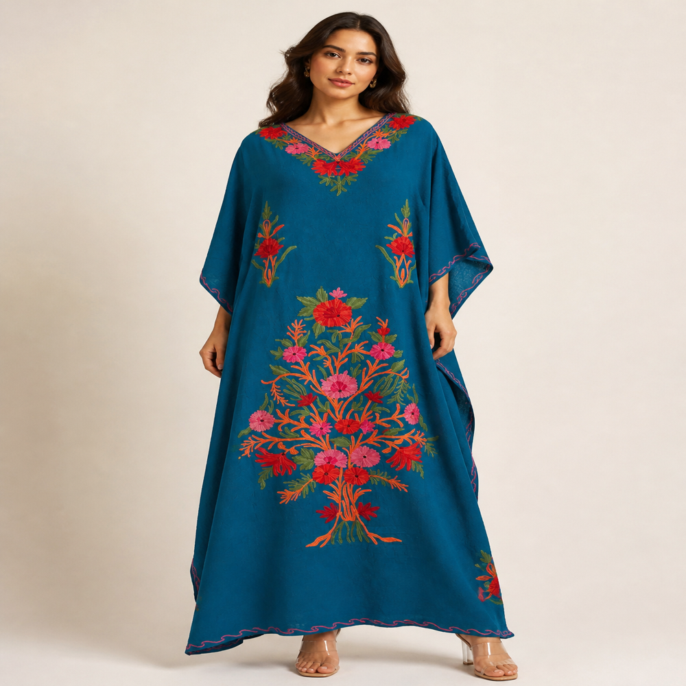 Cotton Crush Kashmiri  Aari work Long Kaftans 