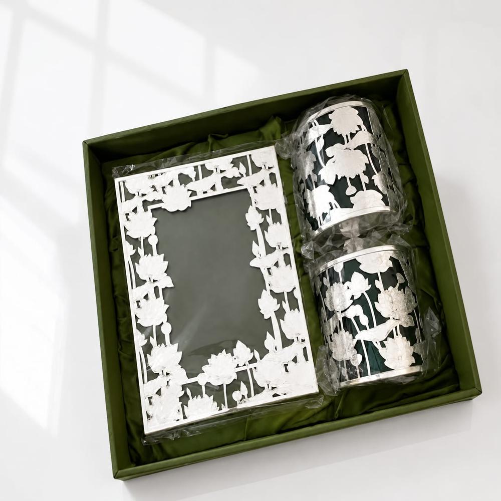 Luxury Silver Plated Lotus Photo Frame With Matching Storage Jar Set Green
