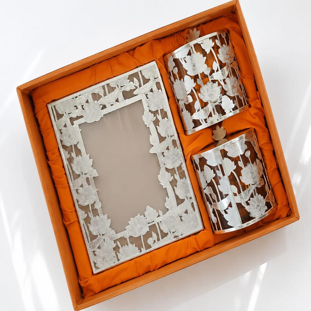 Luxury Silver Plated Lotus Photo Frame With  Glass Storage Canister Set Orange - Application: Home