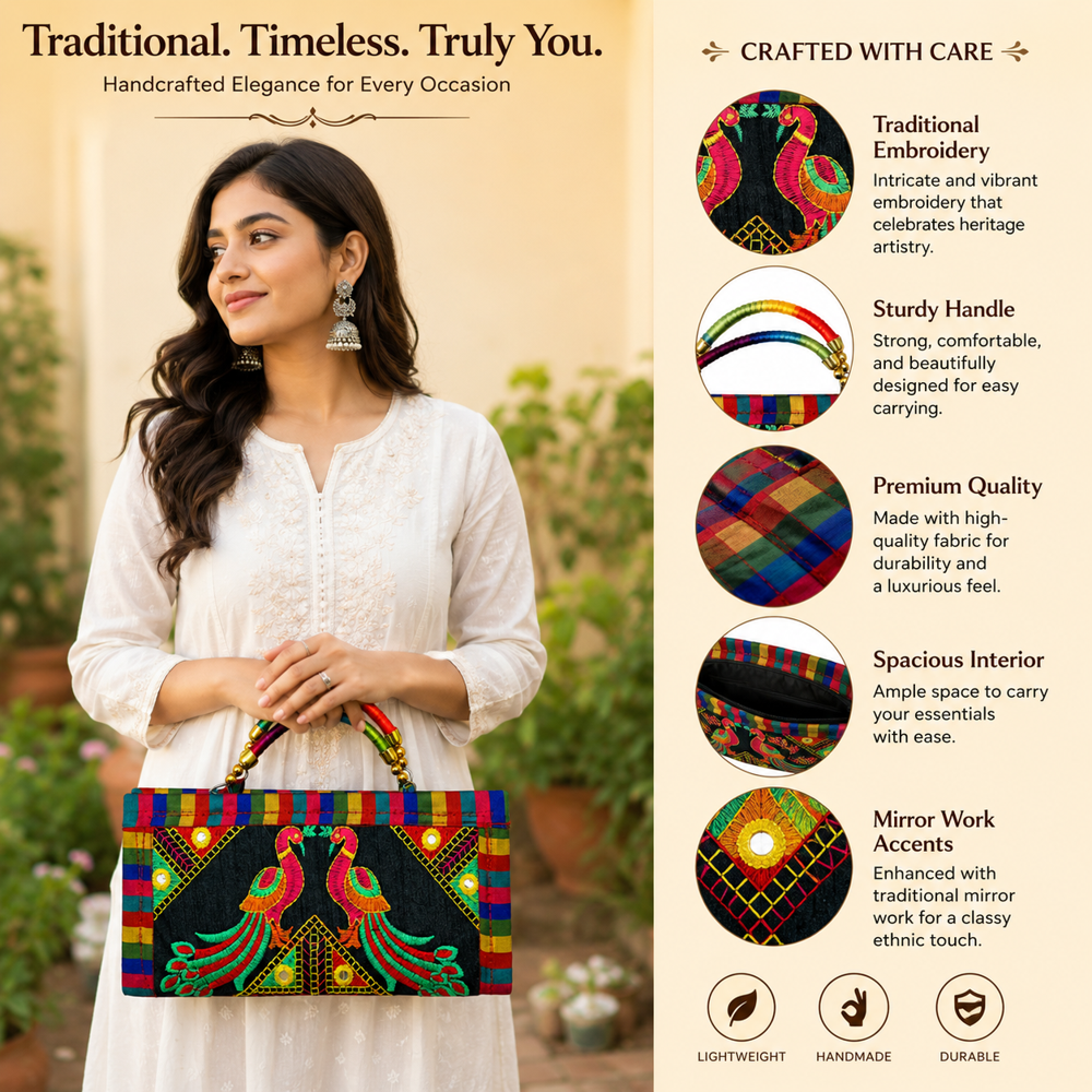 Traditional Gujarati Art Wallet Clutch 68 - Color: Black