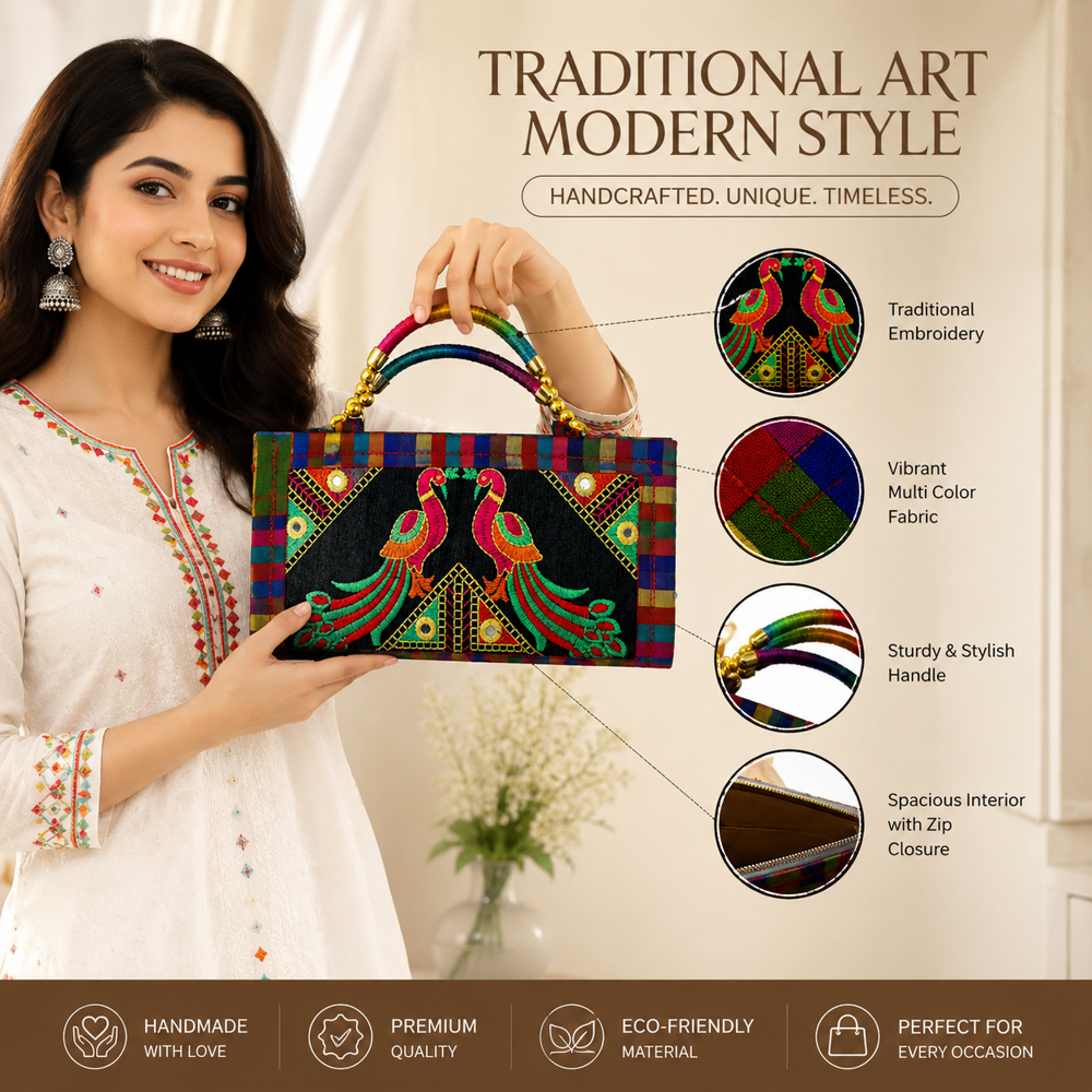 Ethnic Multicolor Embroidered Handbag 70 - Color: Black