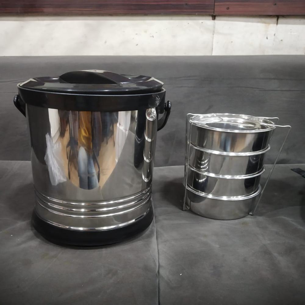 Electric Lunch Box - Stainless Steel, Portable Cylindrical Design, Blue Color, Flat Bottom For Stability, Electric Heating Functionality, 3 Containers With Screw-on Lids
