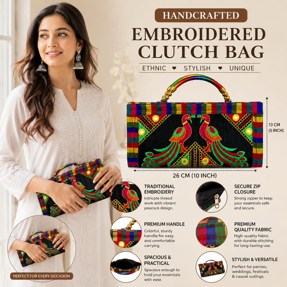Premium Kutchi Work Ethnic Wallet 80 - Color: Black