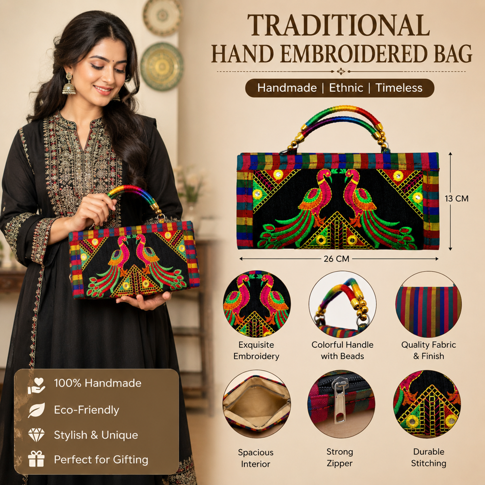 Handmade Peacock Motif Clutch Bag 85 - Color: Black