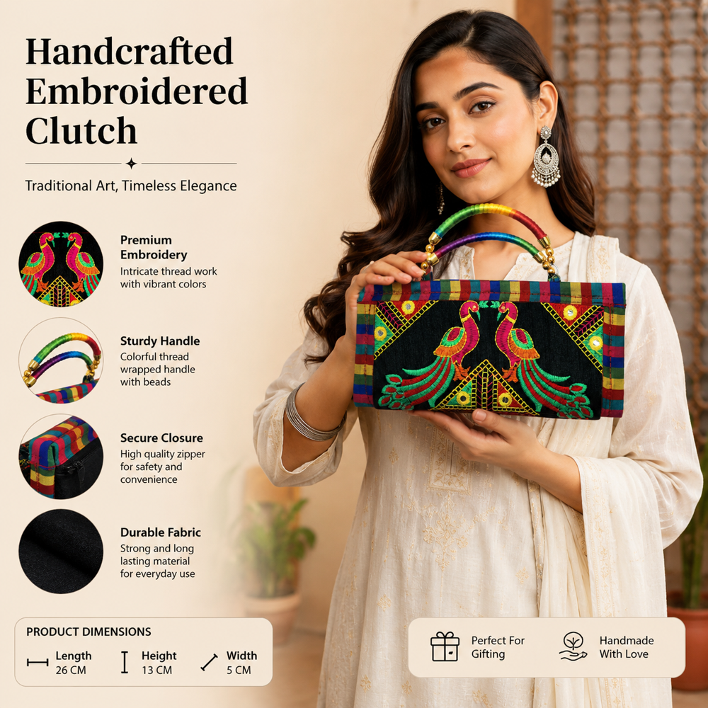 Traditional Fabric Wallet With Peacock Art 90 - Color: Black