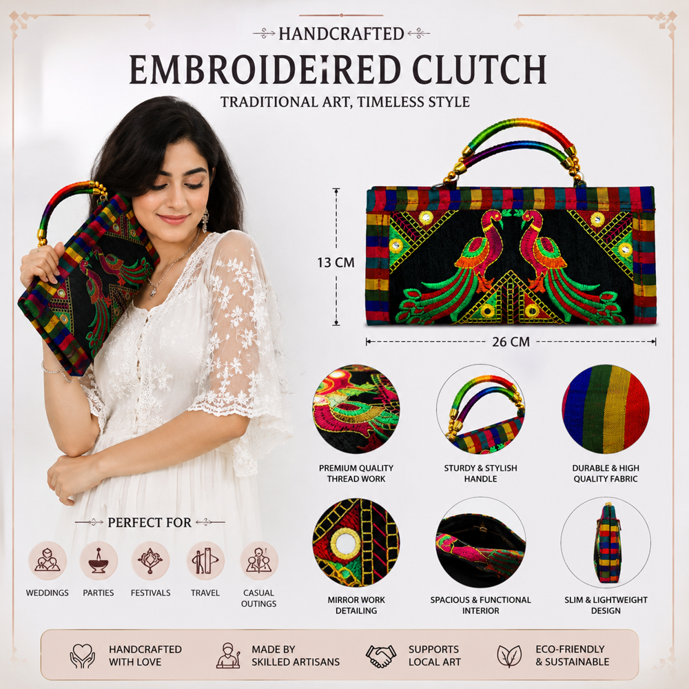 Handmade Peacock Design Ethnic Wallet 94 - Color: Black