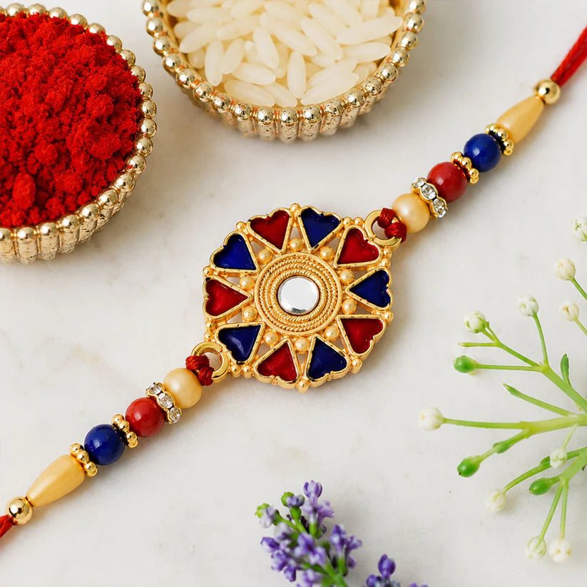 Floral Rakhi with Golden Beads - Traditional Raksha Bandhan Thread