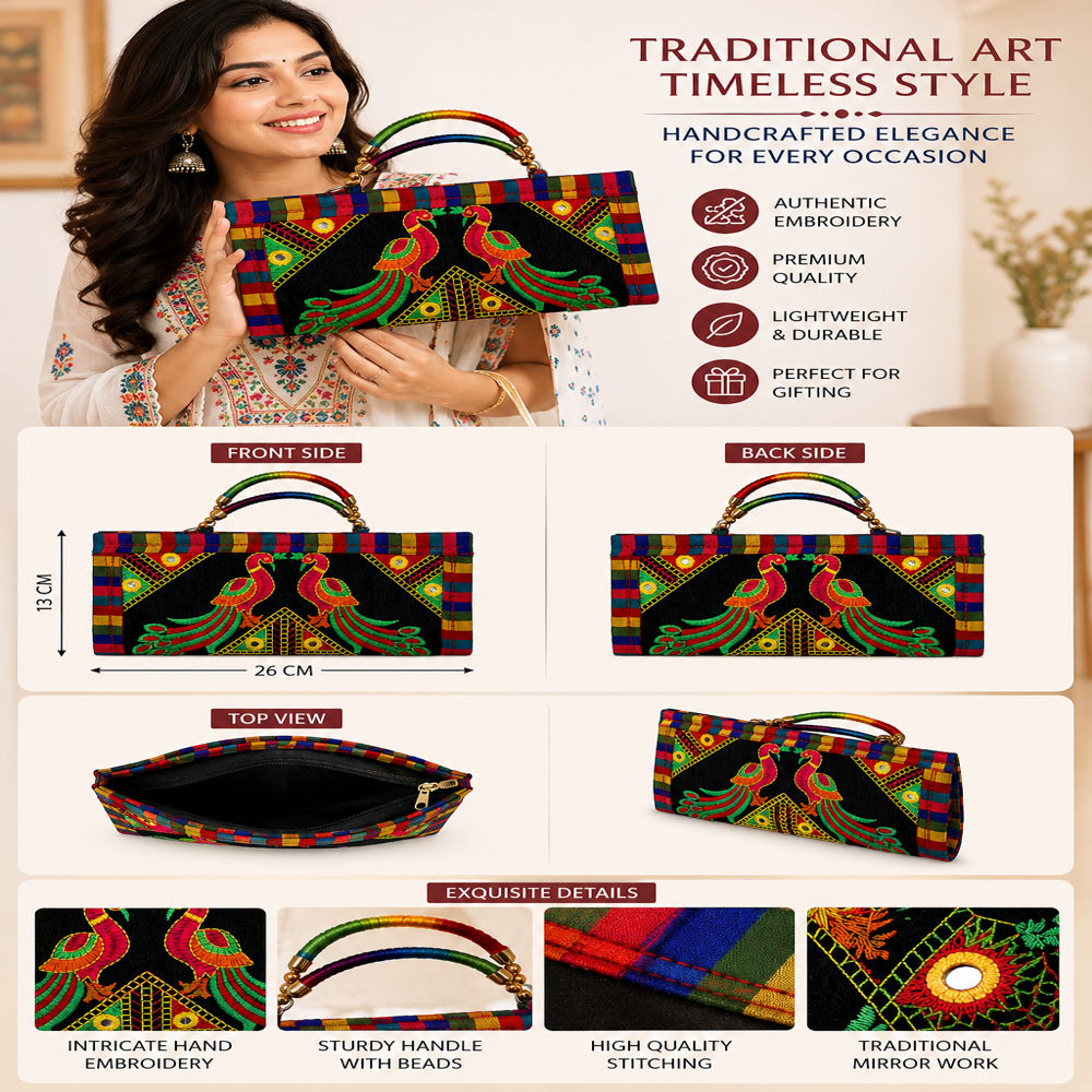 Designer Peacock Embroidery Wallet Clutch For Women 96 - Color: Black