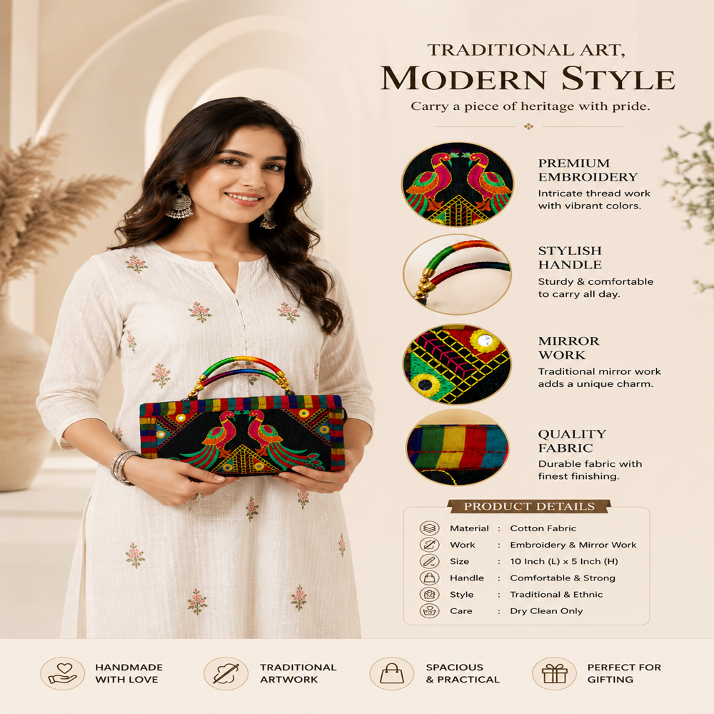 Ethnic Fashion Wallet With Peacock Artwork 105 - Color: Black