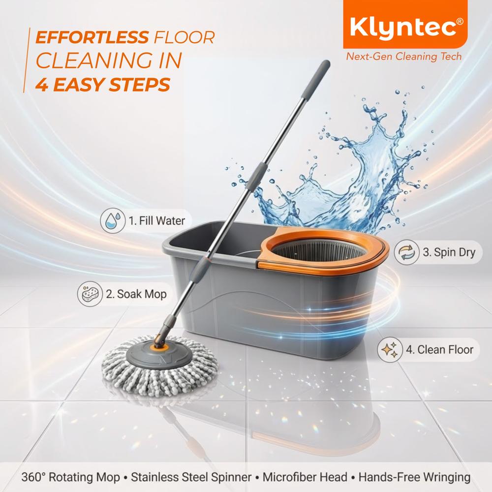 Klyntec Aqua 360 Rotation Spin Mop Bucket with Plastic Wringer