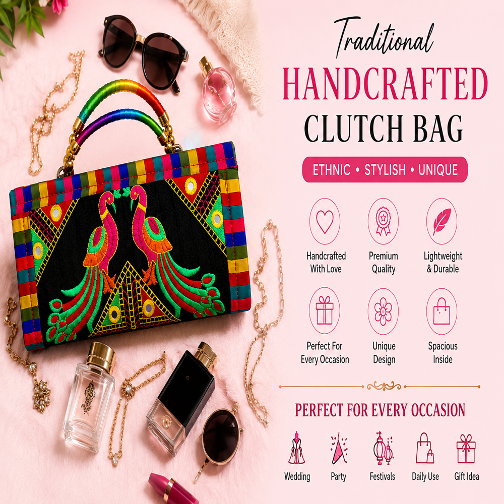 Ethnic Kutchi Work Designer Wallet  110 - Color: Black