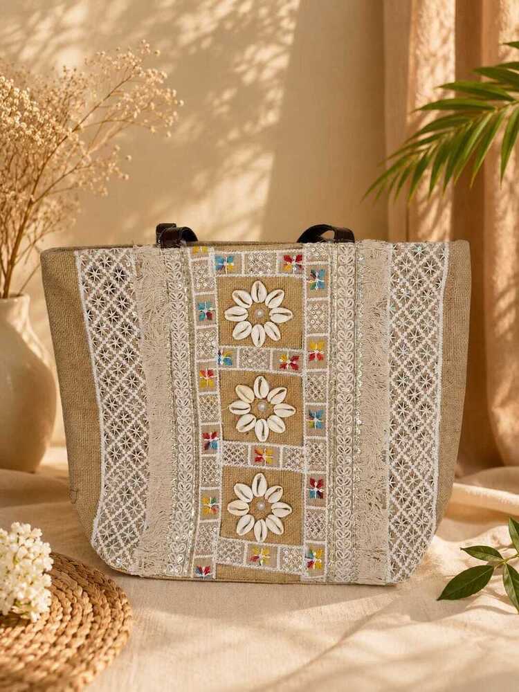 Kori Lace Brown Jute Tote Bag