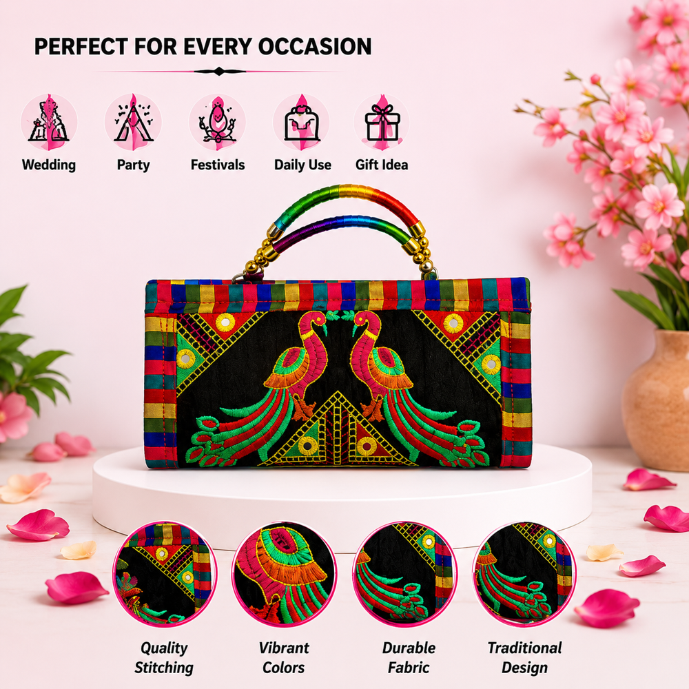Handmade Traditional Peacock Wallet Clutch 117 - Color: Black