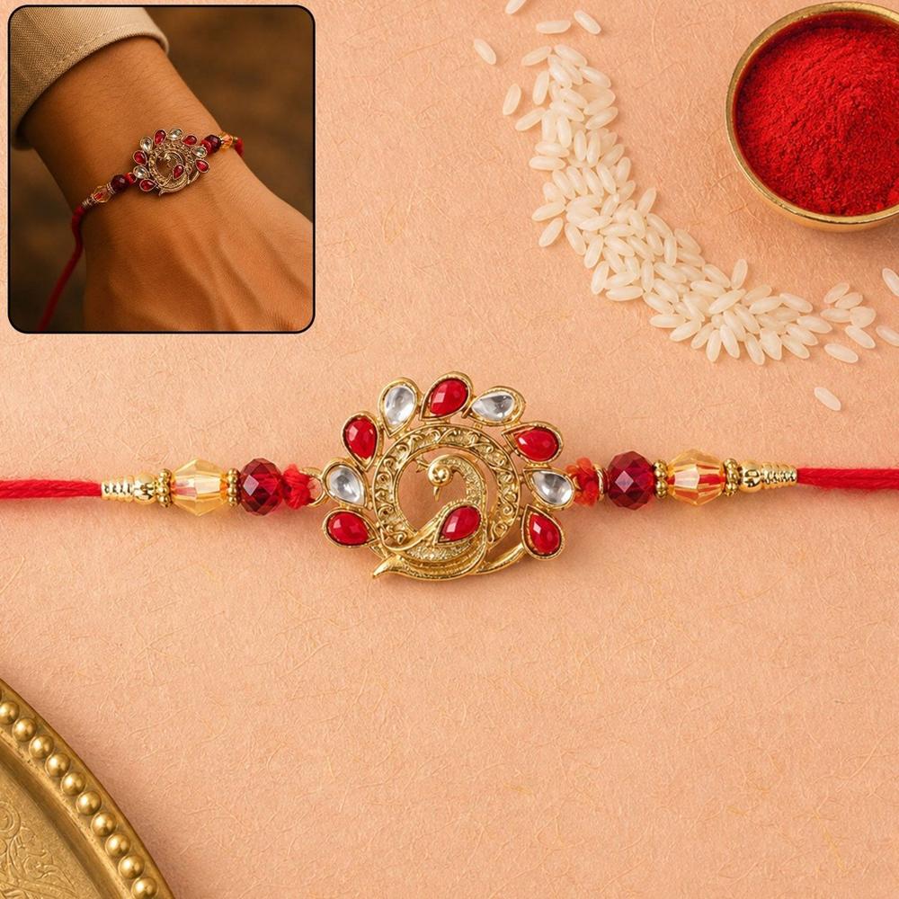 Peacock Rakhi - Red Stone Embellished For Raksha Bandhan - Application: Multipurpose Use