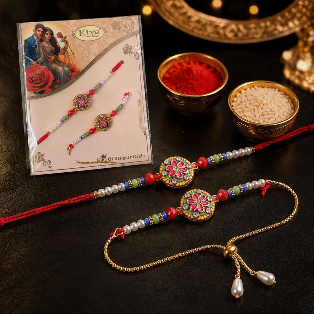 Floral Meenakari Stone Chain Lumba Bhaiya Bhabhi Rakhi Set