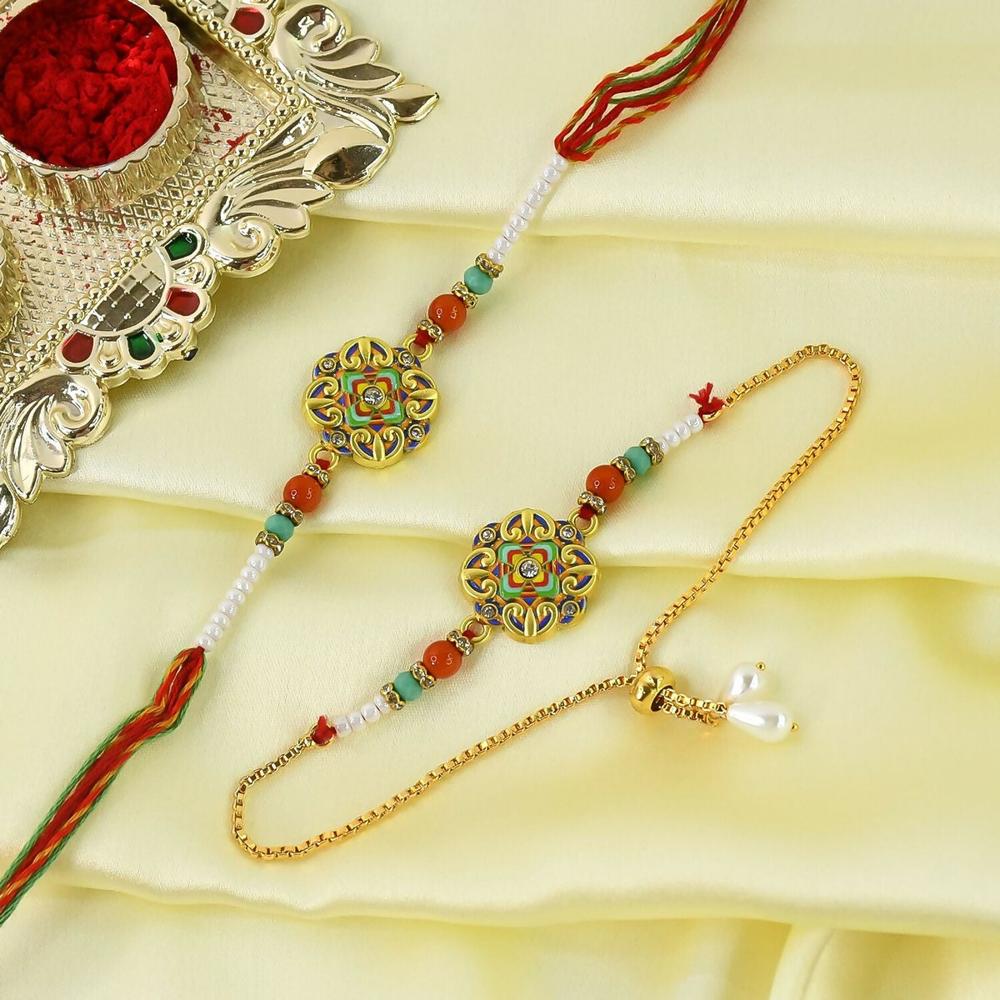 Bhaiya Bhabhi Rakhi Set - Traditional With Pearl Chain & Meenakari - Application: Multipurpose Use