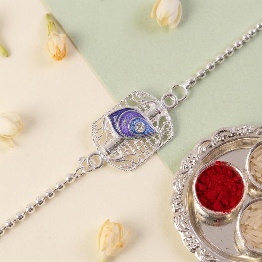 Silver Peacock Enamel Charm Chain Bracelet Rakhi - Elegant Festival Accessory - Application: Multipurpose Use