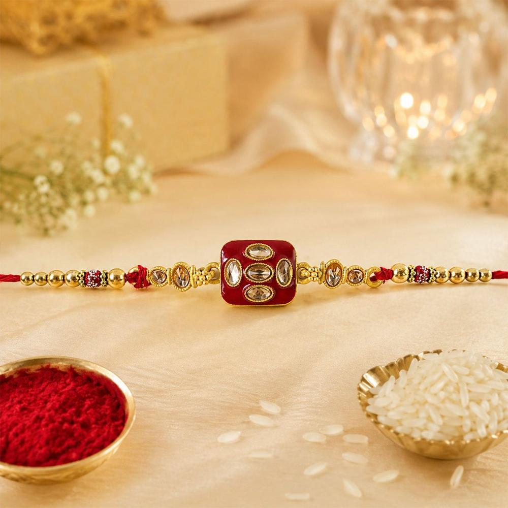 Premium Kundan Rakhi For Brother - Multi Stone Enamel Pearl Bead - Application: Multipurpose Use
