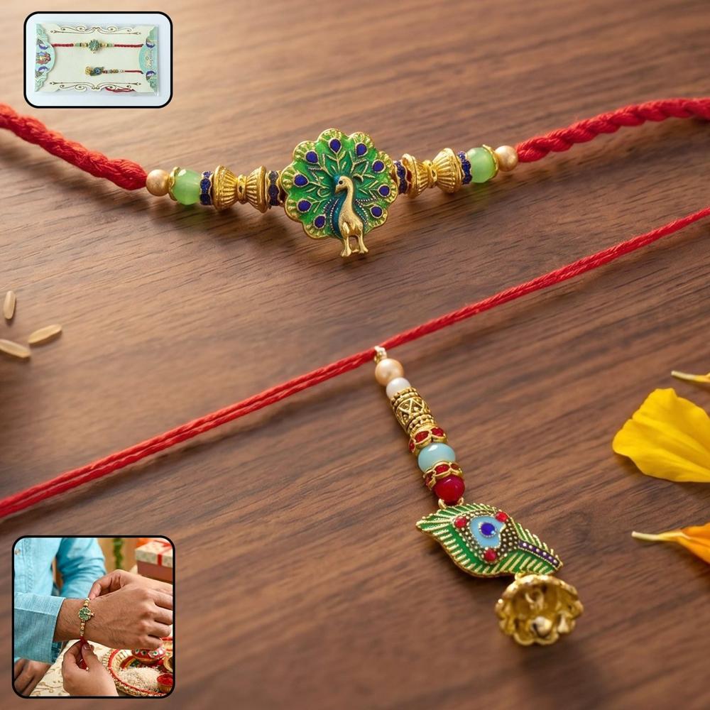 Premium Peacock Bhabhi Lumba Rakhi - Elegant Green Stones & Latkan For Raksha Bandhan - Application: Multipurpose Use