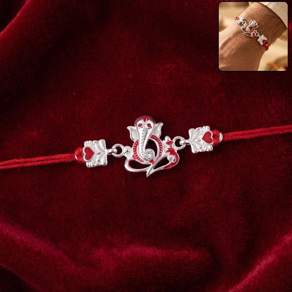Rakhi for Brother - Silver Ganesha Red Stones Velvet Look