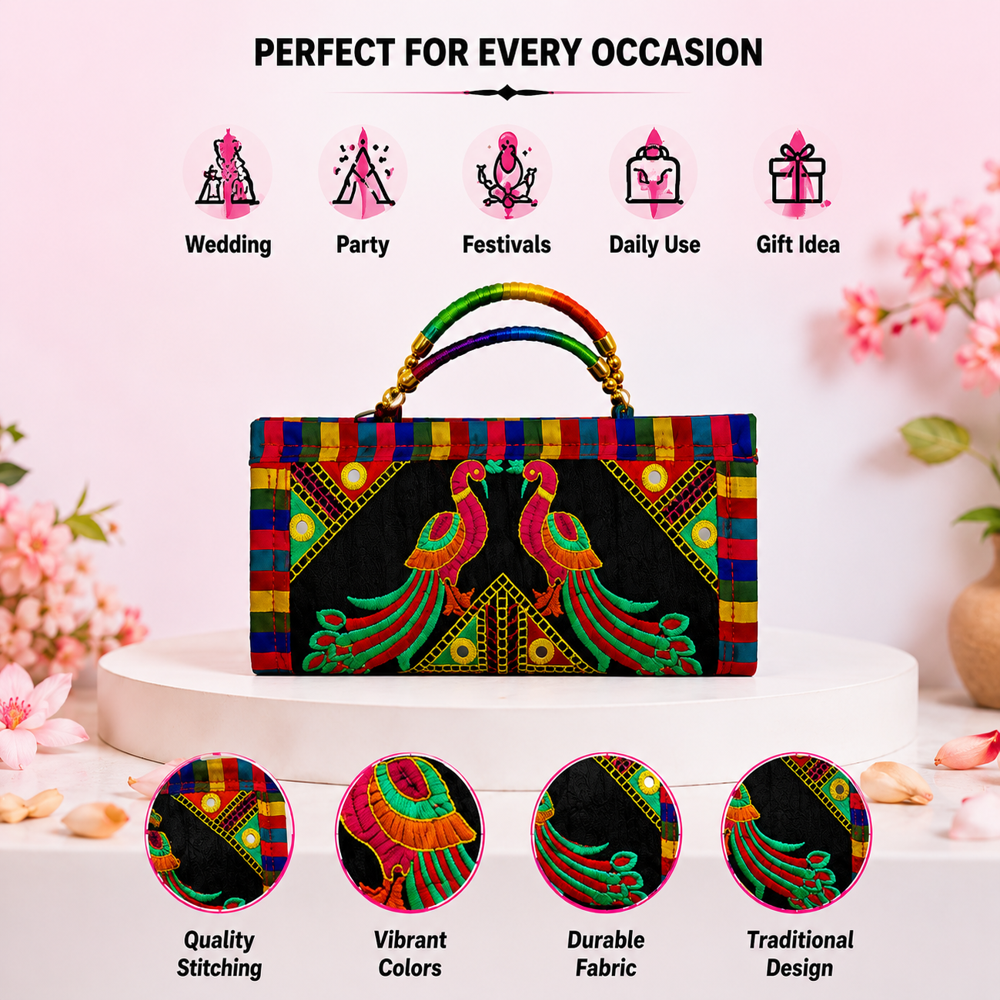 Handmade Fabric Clutch With Peacock Embroidery 129 - Color: Black
