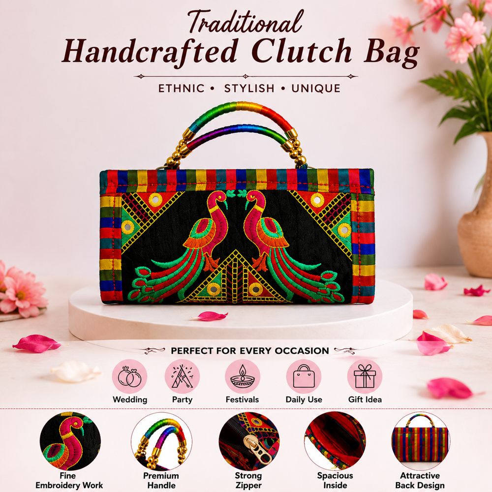 Designer Ethnic Wallet Clutch With Handle 132 - Color: Black