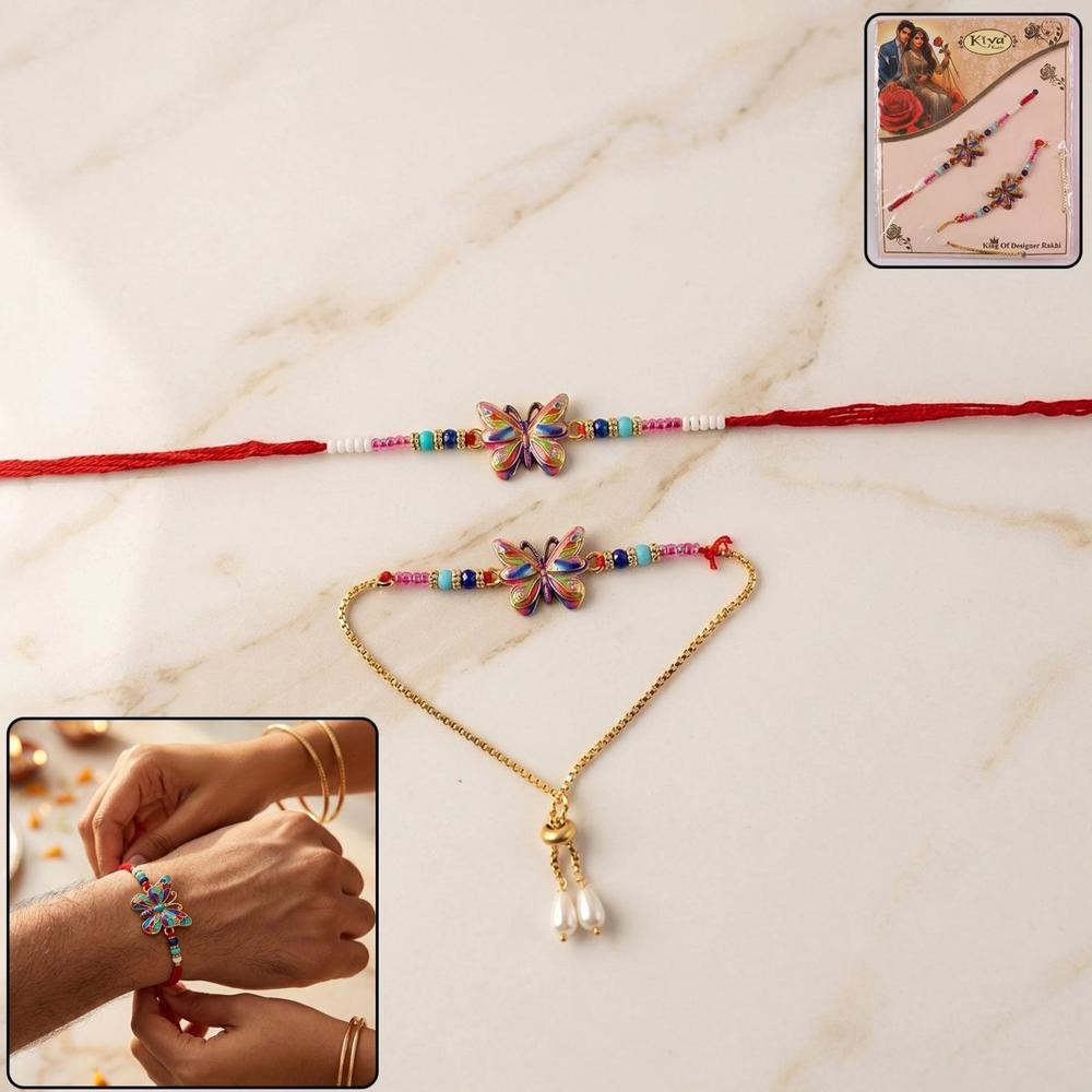 Premium Rainbow Butterfly lumba Rakhi, Elegant Beads & Soft Thread