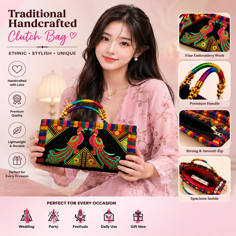 Handmade Peacock Design Ladies Wallet Clutch 146 - Color: Black