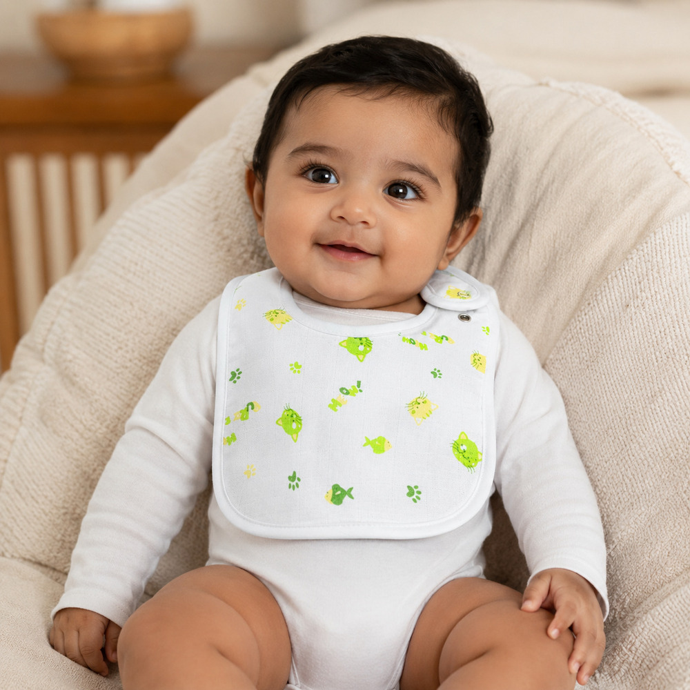 Green Cat Muslin Baby Bib