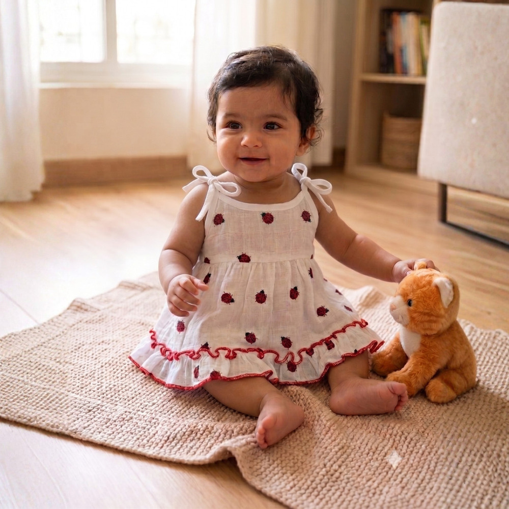 Red LadyBug Muslin Frock