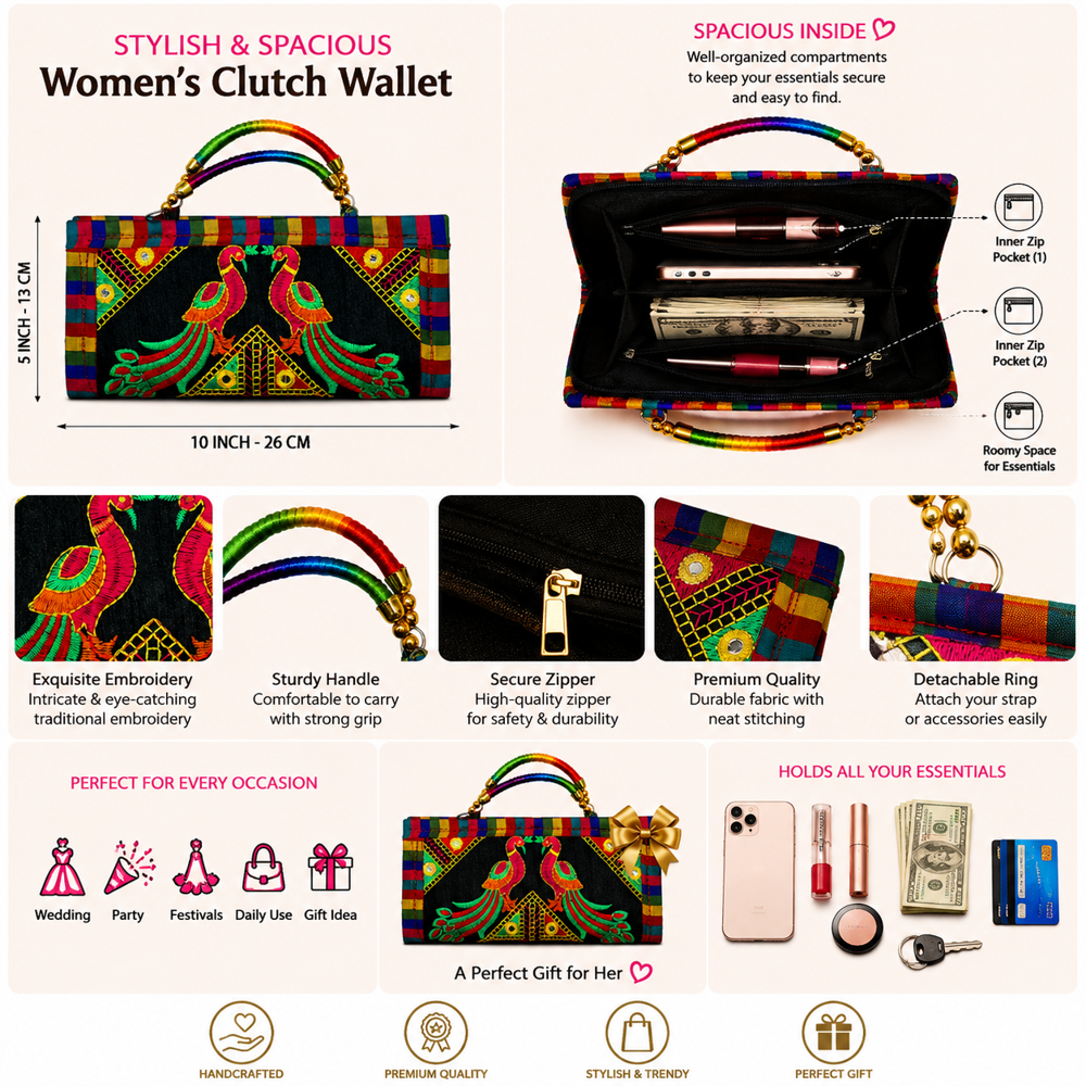 Designer Kutchi Work Fabric Purse 160 - Color: Black
