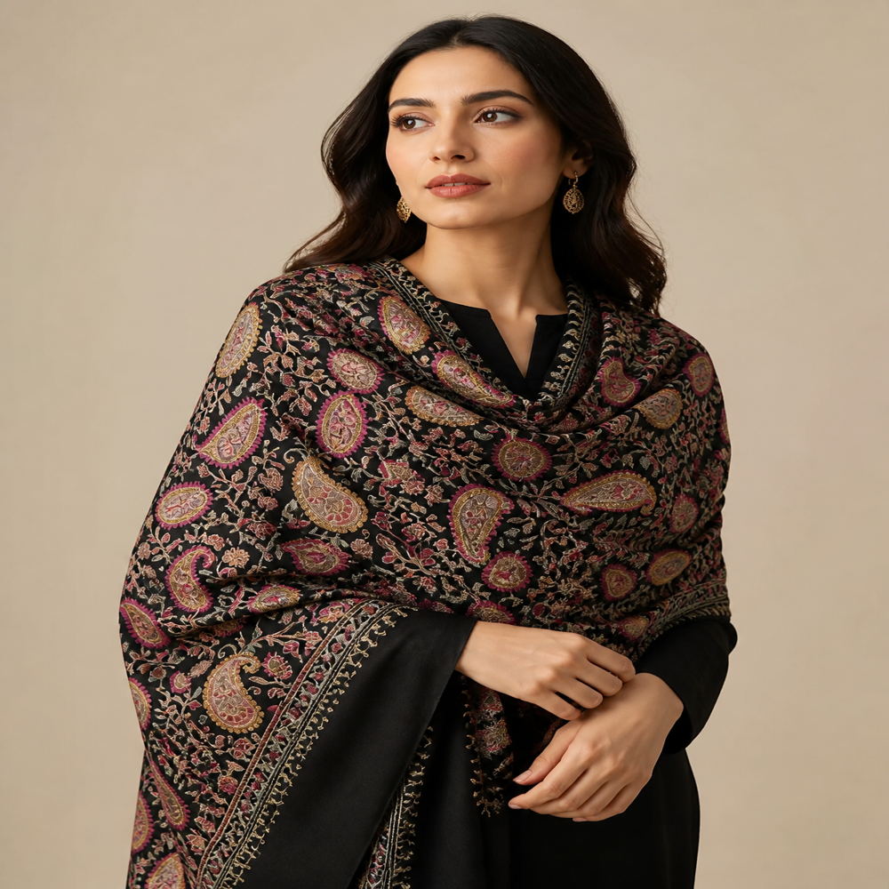 Pure wool Fine embroidery paisley all over Jaal stoles