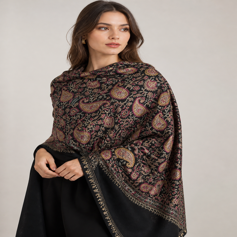 Pure wool Fine embroidery paisley all over Jaal stoles