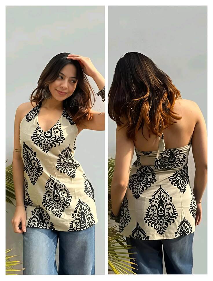 Ivory Black Halter Kurti