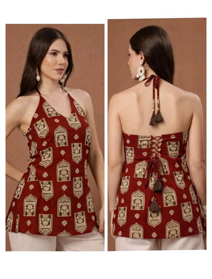 Maroon Lace-Up Halter Kurti