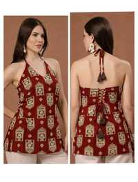 Maroon Lace-up Halter Kurti - Bust Size: Variable (depends On Chosen Size)  Meter (m)