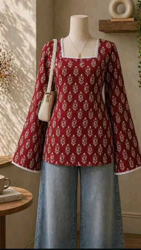 Red Lace-Up Back Corset Kurti