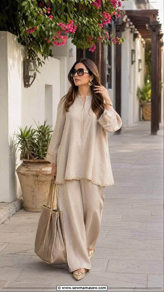 Beige Solid Kurti Palazzo Set