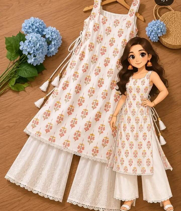 White Floral Printed Kurti Palazzo Set