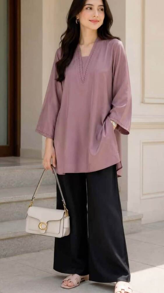 Mauve V-Neck Kurti Palazzo Set
