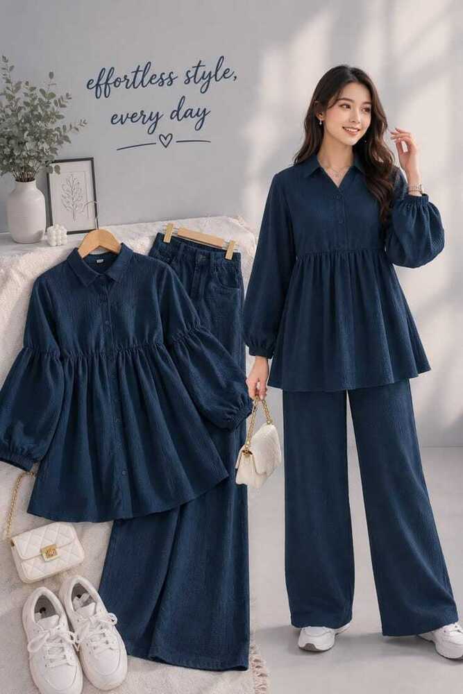 Navy Blue Gathered Kurti Palazzo Set