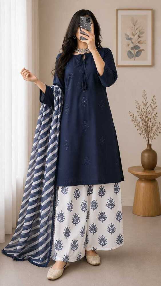Navy Blue Embroidered Kurti with Printed Farshi Salwar & Dupatta Set